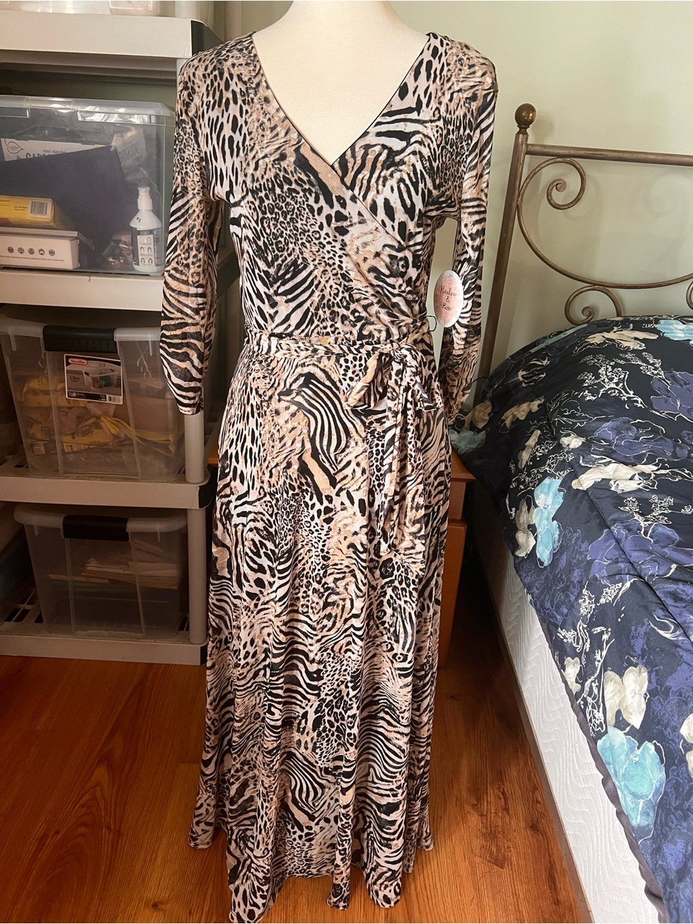 Harlow & Rose Animal-Print Wrap Maxi Dress in Beige and Black